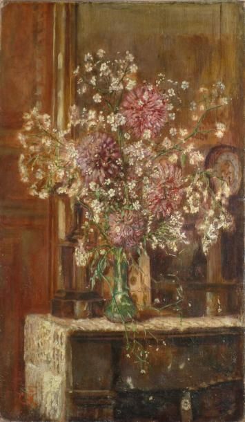TRANCHANT PIERRE JULES, NÉ EN 1882 Bouquet à la cheminée huile sur carton (restaurations)...