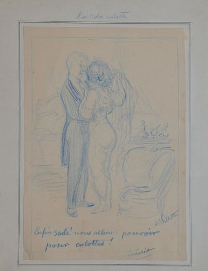 WILLETTE ADOLPHE, 1857-1926 La robe culotte dessin au crayon bleu sur papier beige...