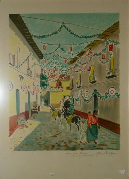 BRAYER YVES, 1907-1990 Rue pavoisée au Mexique lithographie en couleurs E.A. (insolation...
