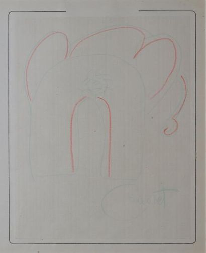 CADORET MICHEL, 1912-1985 Éléphant crayons de couleurs sur papier estampé, signé...