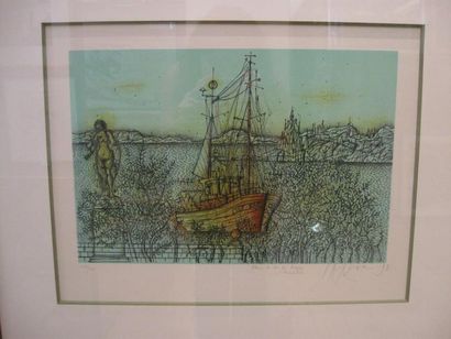 CARZOU JEAN, 1907-2000 Bateau et sculpture lithographie en couleurs n°206/250, d...