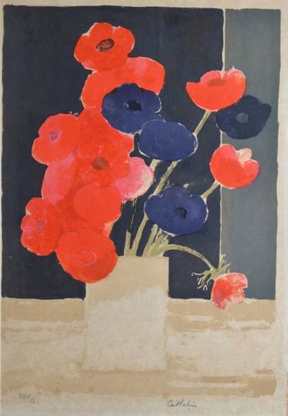CATHELIN BERNARD, 1919-2004 Fleurs rouges et bleues lithographie en couleurs sur...