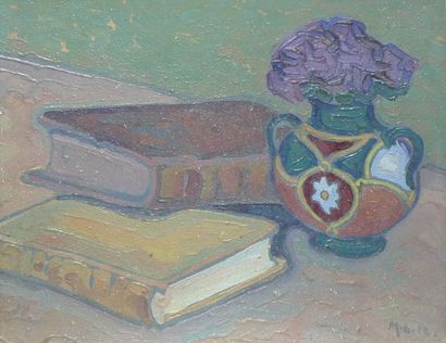 CHOLET MARCEL, 1886-1961 Livre et bouquet de violettes huile sur carton, monogramme...