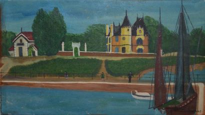CLOUTOUS PAUL, XXE SIÈCLE Château à la rivière, 12/47 peinture sur toile (manques),...