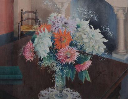 DAGOBERT, XXE SIÈCLE Intérieur au bouquet de dahlias, 1945 peinture à la cire sur...