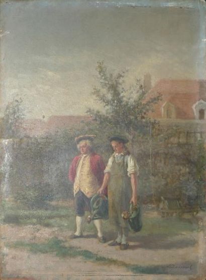 DANSAERT LÉON, 1830-1909 Conversation au jardin huile sur panneau (fente et petits...
