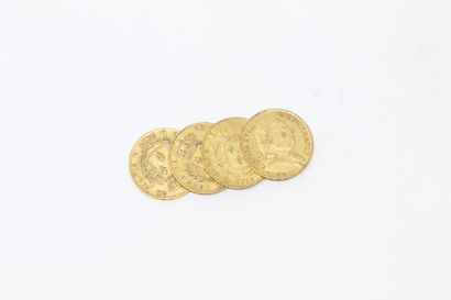  Ensemble de quatre pièces en or de 20 francs Louis XVIII buste nu atelier A (Paris)...