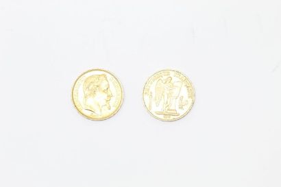 null Deux pièces de 20 francs en or :

Napoléon tête laurée 1862 BB ( Strasbourg...
