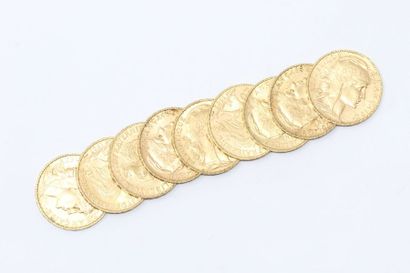 null Neuf pièces en or de 20 francs Coq (1901 ; 1905 ; 1906 ; 1907 ; 1908 ; 1909...