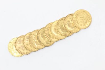 null Dix pièces en or de 20 francs Napoléon III Empire français - tête nue. (1852...