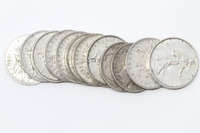 null Ensemble de pièces françaises en argent 5 francs " Semeuse " (x10) et 10 francs...