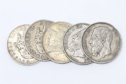 null Ensemble de pièces en argent XIXe :

Belgique : 2 x 5 francs - Léopold II petite...