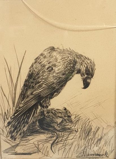 null LEMONNIER, 20th century,

Raptor and his prey,

black pencil on beige paper...
