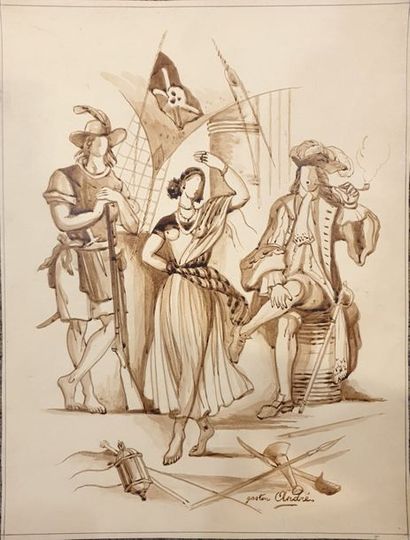 null ANDRE Gaston (1884 -1970),
Scène de navire,
Dessin et encre de chine sur papier,...