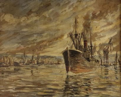 LAVAL Fernand LAVAL Fernand, 1886-1966, Cargo sortant du port, 1930, huile sur toile...
