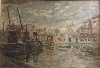 LAVAL Fernand LAVAL Fernand, 1886-1966,

Péniches en ville sur le canal, 1939,

huile...