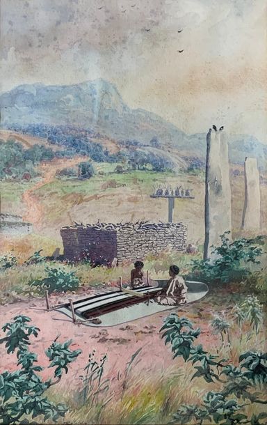 RALAMBO Émile RALAMBO Émile (1879-1963) - ECOLE MALGACHE

Femmes tissant un tapis,

Aquarelle,...