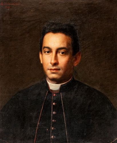 null 
ECOLE XIXeme siècle

Portrait d'un prêtre italien, 1900,

huile sur toile (usures,...