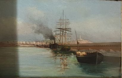 VERAN VERAN, XIXe siècle, 
Bateaux au port, 1885, 
huile sur carton (restaurations),...