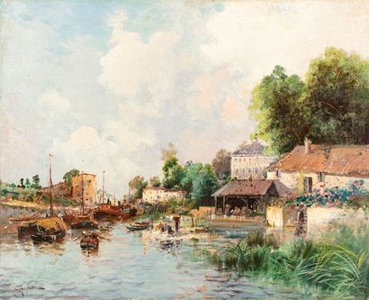 ANGLADE Gaston ANGLADE Gaston, 1854-1919 Bateaux et lavandières au bord d'un canal...