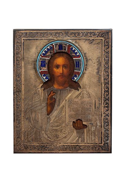 null CHRIST PANTOCRATOR ICON 

Tempera on wood. Oklad in gilt silver, engraved, repoussé...