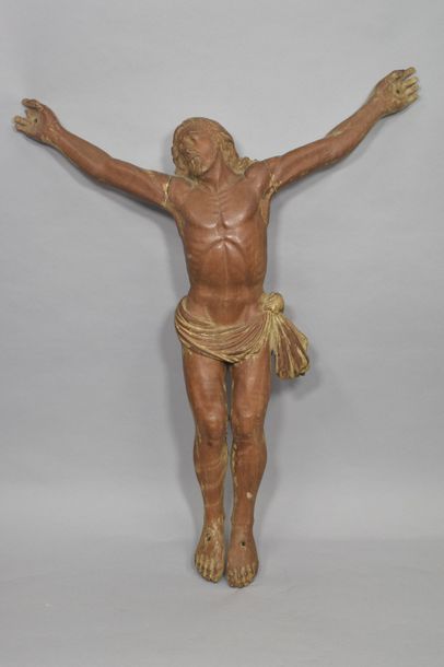 CHRIST IN FRUIT WOOD, with remains of monochromy,...