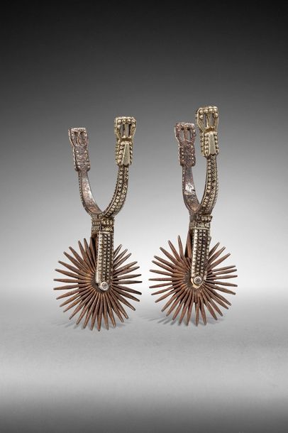 null PAIR OF SILVER DAMASCENE IRON SPURS. 

Mexico, 19th century 

Length: 21 cm...