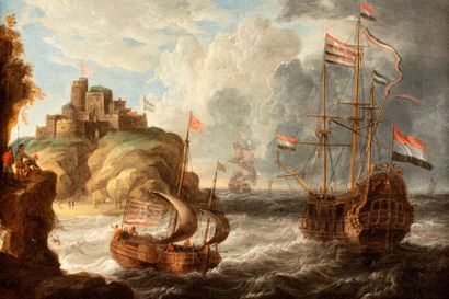 null VELDE PIETER VAN DE 

Antwerp 1634 - around 1714 

Harbour scene with rowboat...