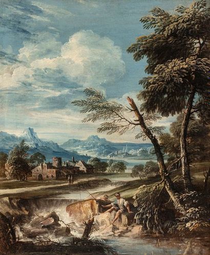 null ZOLA GIUSEPPE 

Brescia 1672 - Ferrara 1744 

Landscape at the river with fishermen...