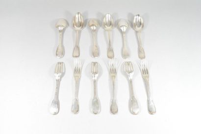 null Six silver table spoons and six table forks, filleted model, engraved ND.

Mismatched.

Paris,...