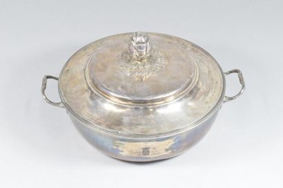 null Silver covered vegetable dish, round in shape with a flat bottom, threaded handles,...