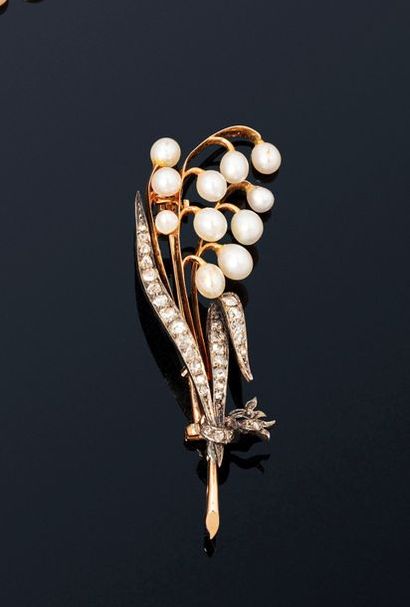 null Brooch in 18K (750) yellow gold and stylized silver with a branch of lily of...