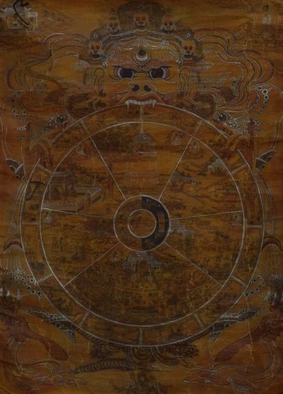 Thangka représentant une roue bouddhique...