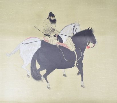 null Peinture à l'encre et gouache figurant un cavalier et deux chevaux, Chine, XXème...