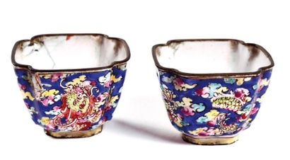 null Two brass cups with dragon enamel decoration, white inside. China 19th cent...