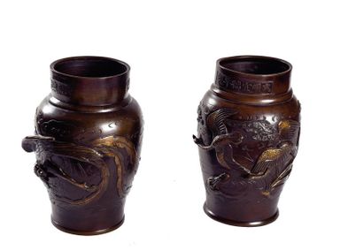 null JAPAN - MEIJI Period (1868 - 1912)

Pair of bronze vases with brown patina and...