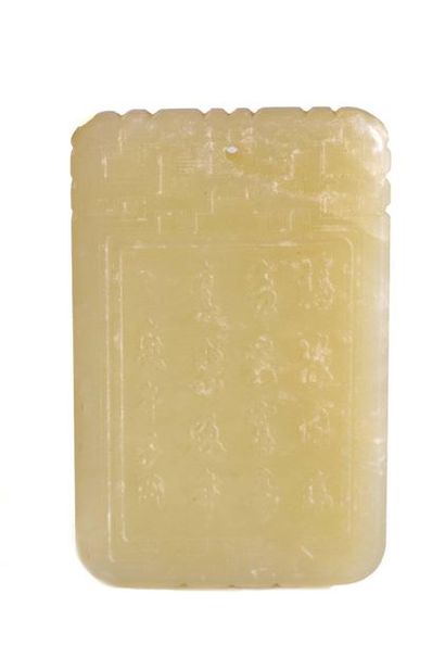 null CHINA

Rectangular celadon nephrite medallion of two literates on one side and...
