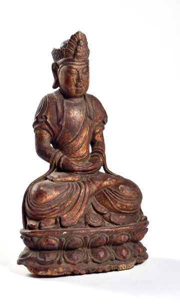 null CHINE - XIXe siècle

Statuette de Guaynin en bois laqué or, assise en padmasana...