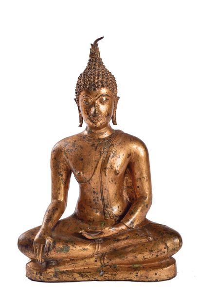 null THAILANDE - Début XXe siècle

Statuette en bronze laqué or, bouddha Sakyamuni...