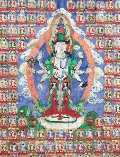 null TIBET - XIXe siècle

Thangka, détrempe sur toile, Avaloiktesvara à onze têtes...