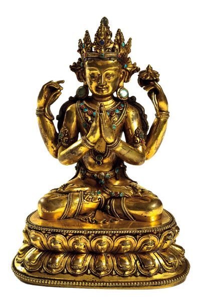 null TIBET

Statuette de Bouddha en bronze doré, à quatre bras dont deux en anjali-mudra,...