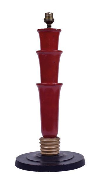 null FRENCH
WORK Wooden lamp base has been conical in red orange lacquer steps on...
