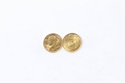 null Deux pièces en or de 20 francs Vreneli (1935 ; 1947)

TTB à SUP.

Poids : 12.90...