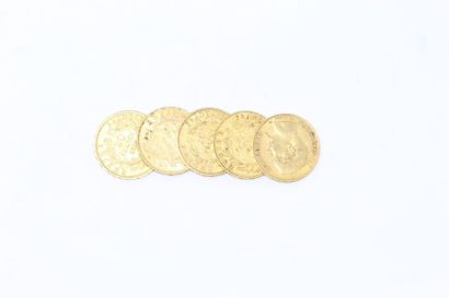 Five 20 franc gold coins Napoleon III French...