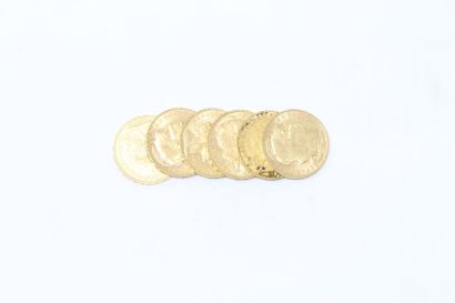 Six pièces en or de 20 francs Coq Dieu protège...