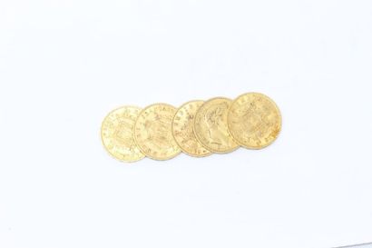Five gold coins of 20 francs Napoleon III...