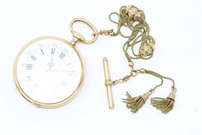 null Pocket watch in 18k (750) yellow gold, white enamelled dial with Roman numerals...
