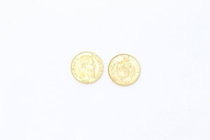 Two 20 franc gold coins - Leopold II bareheaded...