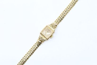 null Montre bracelet de dame en or jaune 18k (750), cadran carré à fond beige, chiffres...