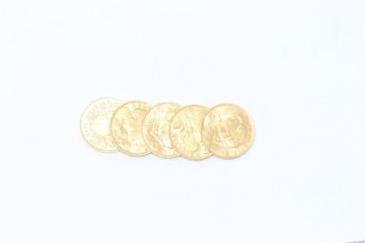 null Lot de 5 pièces en or de 20 francs Vreneli. (1935 LB x 5)

B à TB. 

Poids :...